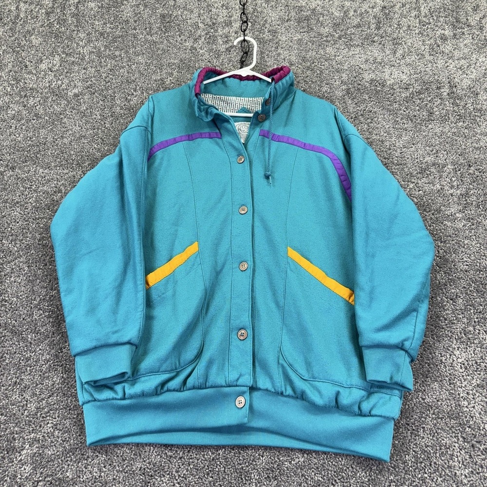 Vtg Current Seen Jacket Womens One Size Blue Bomber Button Retro Colorblock
